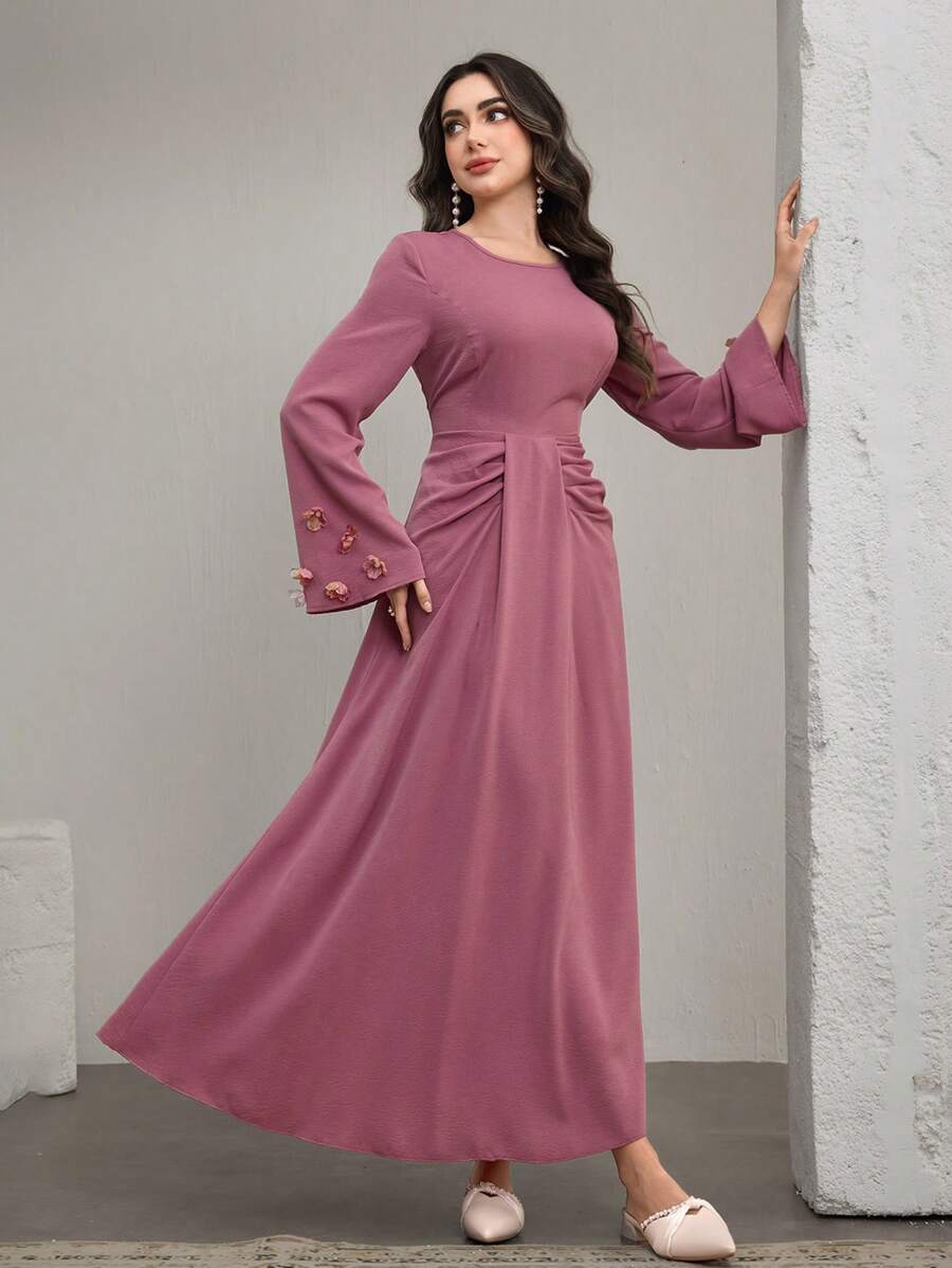 Graceveil Women's Party Solid Color Round Neck Fitted Design Sleeve Applique Mini Dress