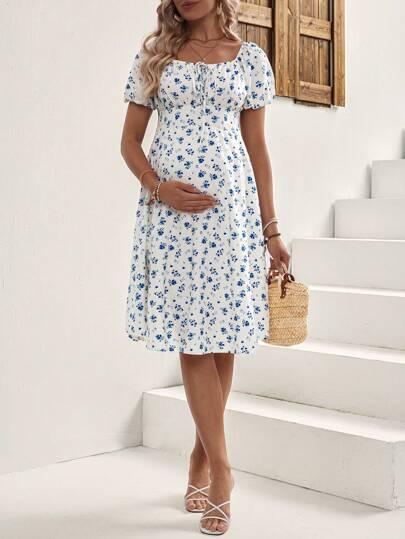GentleRue Maternity Maternity Ditsy Floral Puff Sleeve Casual Dress