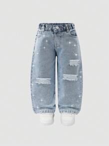 Young Girl Distressed Rhinestone Embellished Washed Denim Jeans, Casual - Light Wash - View 1