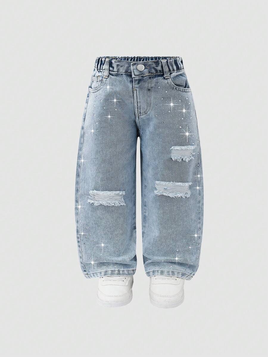 Young Girl Distressed Rhinestone Embellished Washed Denim Jeans, Casual - Light Wash - View 1