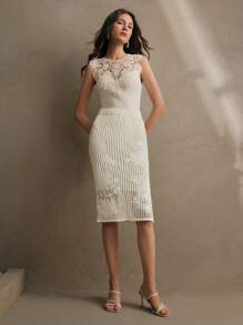 Anewsta 高端法式刺绣镂空修身半身裙高腰针织裙春夏情人节度假 - 米色 - 查看 5