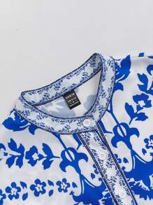 SHEIN Robe à col montant, taille avec ceinture et motif de fleurs en porcelaine élégant, avec manches bouffantes. Convient pour les sorties, les séances photo, les vacances, les tenues assorties mère-fille (2 pièces vendues séparément) - Bleu azur - Voir 8