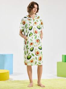 Notgurli Men's Loose Avocado Print Pocket Hooded Robe - Multicolor - View 3