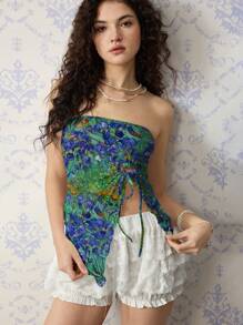 SHEIN MOD Casual Drawstring Asymmetrical Hem Body-Hugging Halter Top With Vintage Van Gogh Painting Print