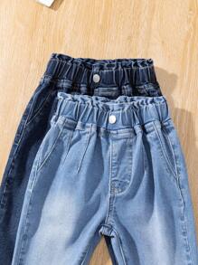 2pcs Baby Girls Light Blue & Navy Casual Elastic Waist Washed Denim Pants Set - Multicolor - View 3