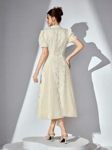 Poshira 女士杏色水滴领蝴蝶提花拼接网眼长款优雅连衣裙 - 杏色 - 查看 2