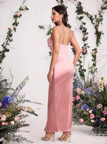 Coutiva 有领高开叉垂坠弹力 3D 玫瑰装饰伴娘礼服，性感派对礼服 - 粉色 - 查看 2