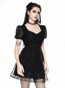 ROMWE Váy tay bồng phối lưới kim tuyến tương phản bí ẩn dành cho nữ, phong cách Gothic - màu đen - Xem 5