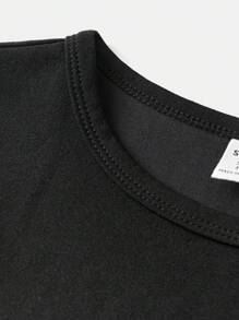 SHEIN Blusa casual de malha e malha bordada com patchwork para meninas pré-adolescentes e gola redonda