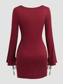 Flirla Plus Size Square Neck Cinched Waist Side Slit Midi Dress - Burgundy - View 2