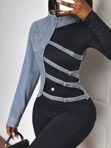 SHEIN Slayr Áo cánh denim dài tay trang trí kim loại cho nữ, đi nghỉ thường ngày - Màu xanh lam - Xem 6