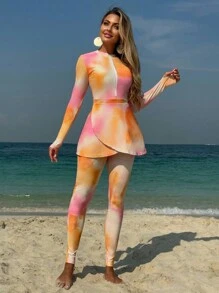 Swim Mulvari 3pcs/Set Women's New Modest Swimwear, Zip Up High Neck Long Sleeve Top And Long Pants, Conservative & Elegant Burkini Set With Skirt, For Summer Beach Vacation Arabic Clothing - Multicolor - View 4