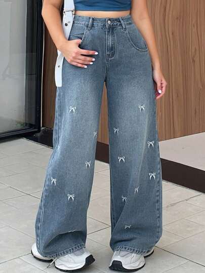 Dazy Petite Plus Bow Embroidery Distressed Oversized Loose Wide-Leg Jeans, All Season