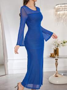 Modelyn Abito elegante e sexy da donna a maniche lunghe con pieghe, spacco alto e dettagli in in rete - Blu - Visualizzare 5