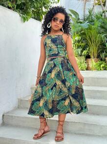 SHEIN 青春期女孩套装：休闲露背蝴蝶结吊带背心 + 开衩长裙两件套 - 綠色 - 查看 4