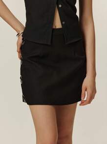 Poéselle 女士金属环装饰裙亚麻裙休闲度假女裙黑色裙子女士纯色简约休闲日常穿搭裙夏季女装女裙波西米亚风海滩女装春装女装夏季女装牛仔女装下装 Y2k 海滩裙