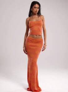 SHEIN BAE Women Knit Skirt, Minimalist Fashion Casual Everyday Wear Valentine's Day Vacation Woman Summer Beach Skirt For Woman Jacquard Low-Rise Maxi Skirt - Orange - View 6