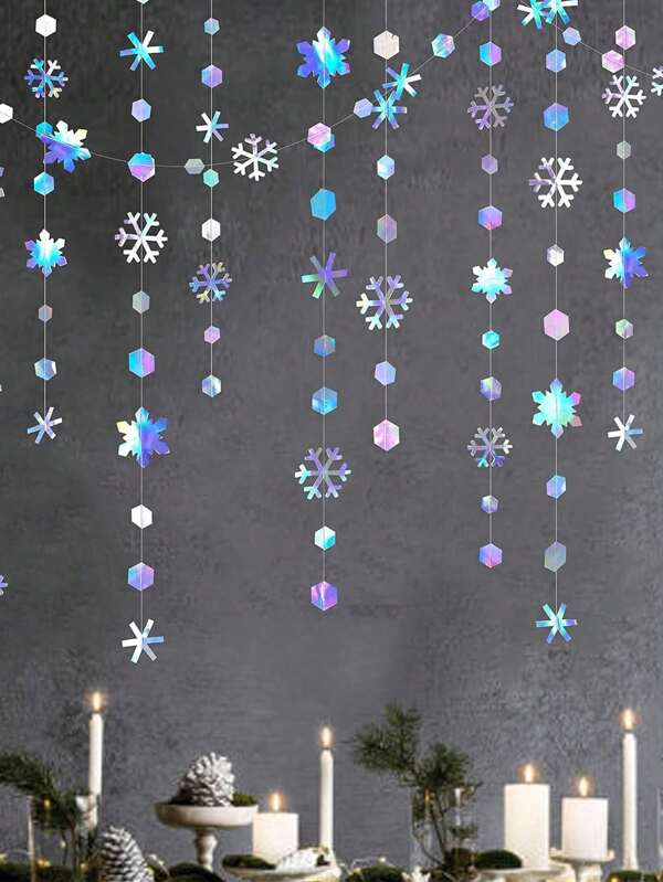 1pc-Winter Wonderland Snowflakes Decorations, Iridescent Snowflake Garland- Shimmer Holographic Paper Snowflakes Streamers For Iridescent Party Decor Christmas Frozen Themed Decor Birthday Wedding Bridal Shower Party Supplies,Christmas