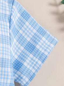 SHEIN Baby Boys Summer New Fashion Simple Plaid Lapel Short Sleeve Shirt With Open Front Placket, Casual Grey Shorts 2 Pieces Outfit, Gentleman Style Handsome Everyday Versatile Set - Blue - View 5