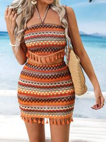 SHEIN VCAY Summer Two Pieces Set Women : Asymmetrical Hem Halter Neck Striped Knit Summer Tops & High Waist Fitted Mini Skirts