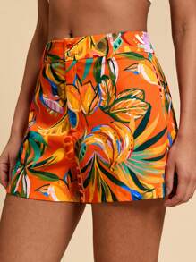 SHEIN VCAY 植物印花休閒時尚短褲 - 橘色 - 查看 5