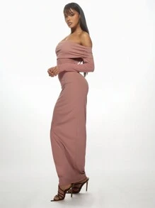 MISSGUIDED Bardot Off Shoulder Long Sleeve Bodycon Maxi Dress With Mesh Cutout Evening Party Formal Ruched Design Special Occasion - Dusty Pink - View 4