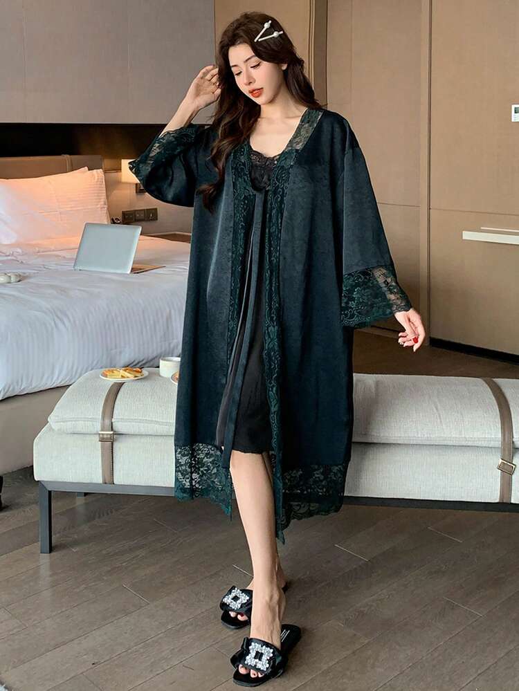 Women's Elegant Satin & Lace Patchwork Loose Tied Bathrobe Pajama