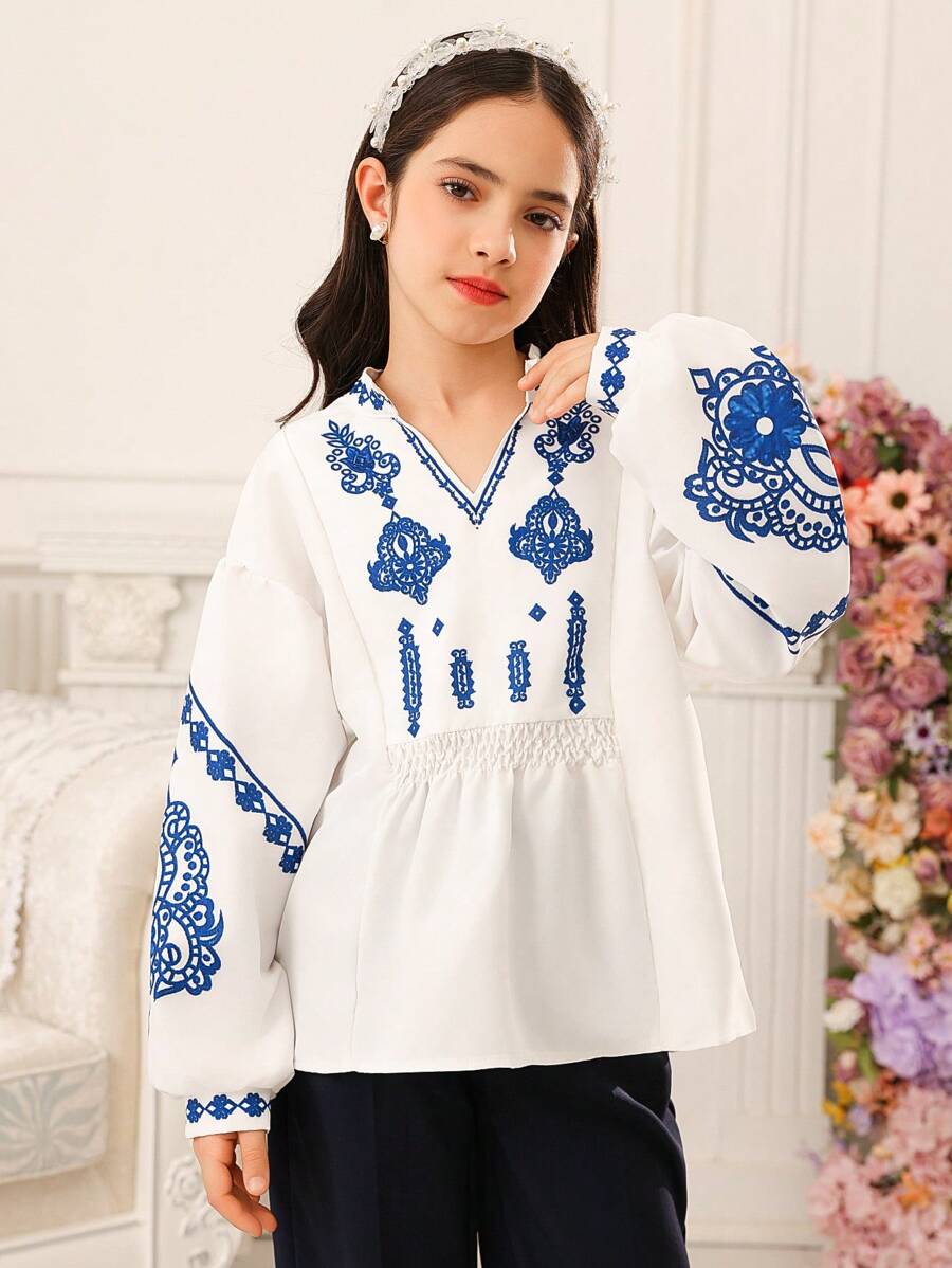 SHEIN 青少年女孩简约时尚休闲日常长袖衬衫 - 白色 - 查看 1
