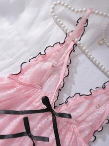 PetitDoll 2pcs Lovely Sexy Floral Lace Ruched Bowknot Babydoll Lingerie Set With G-String In Black And Pink Bowknot, Rave - Pink - View 8