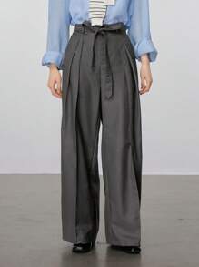 DAZY Women's Removable Tie Up Wide Leg Casual Straight Pants With Pleated Design Business Attire - Dark Grey - View 6