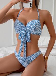 SHEIN Swim 夏季女士碎花无钢圈比基尼套装 - 藍白色 - 查看 5