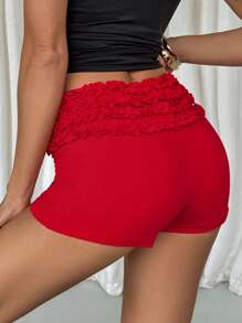 SHEIN Essnce Red Fashionable Low-Rise Frill Trim Skinny Shorts - Red - View 3