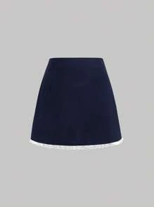 SHEIN MOD Bow Front Lace Trim Split Hem Black Mini Summer Skirt