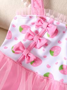 Newborn Strawberry Print Princess Style One-Piece Swimsuit, Pink - Baby Pink - View 3