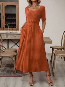 EMERY ROSE Square Neck, 3/4 Sleeve, Cinched Waist, A-Line Hem, Side Pockets Mid-Length Casual Dress, Spring/Summer - Brown - View 4