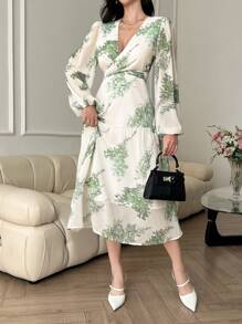 DAZY Tie-Waist V-Neck Lantern Sleeve Floral Midi Dress For Women,Fall Dress Long Sleeve Dress