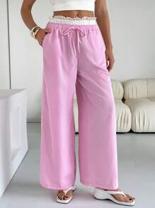 SHEIN Essnce Pink Pants Valentines Clothes Women's Casual Contrast Waistband Striped Wide Leg Pants