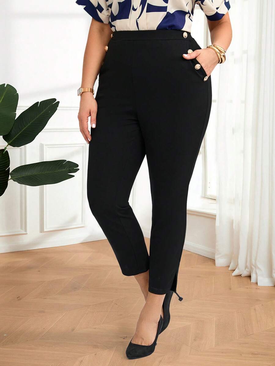Miaspire Plus Size Casual Plain High Waist Slim Pants,Spring/Summer/Vacation - Black - View 1