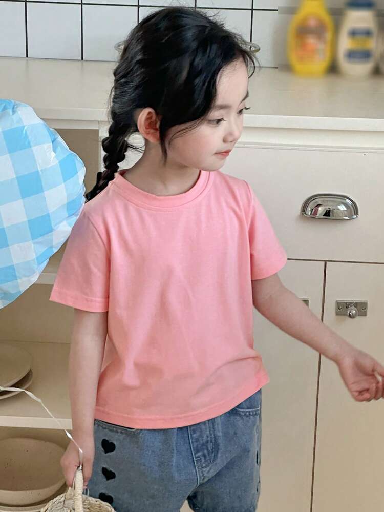 Young Girl Casual Solid Color Short Sleeve T-Shirt, Minimalist & Fashionable For Daily Wear, Summer
