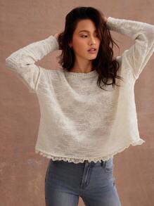 WESTFADE 宽松透视竹节针织蕾丝下摆牛仔毛衣 - 白色 - 查看 1