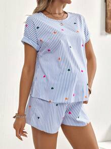 SHEIN Bộ 2 áo sọc và quần short họa tiết trái tim cho bà bầu đi nghỉ mát - Xanh và trắng - Xem 3