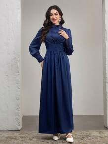 Modelyn Women's Round Neck Ruched Lantern Sleeve 2 In 1 Decorative Button A-Line Dress, Elegant - Blue - View 5