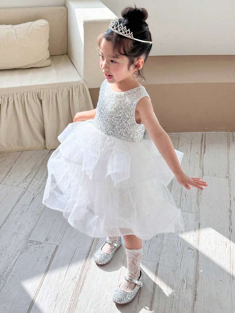 Young Girl Sequin Contrast Mesh Hem Sleeveless Dress,Girls Summer Outfits