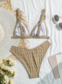 女士沙滩装，纹理面料不对称金属装饰比基尼女士泳装套装，海滩度假休闲泳装，适合夏季海滩度假