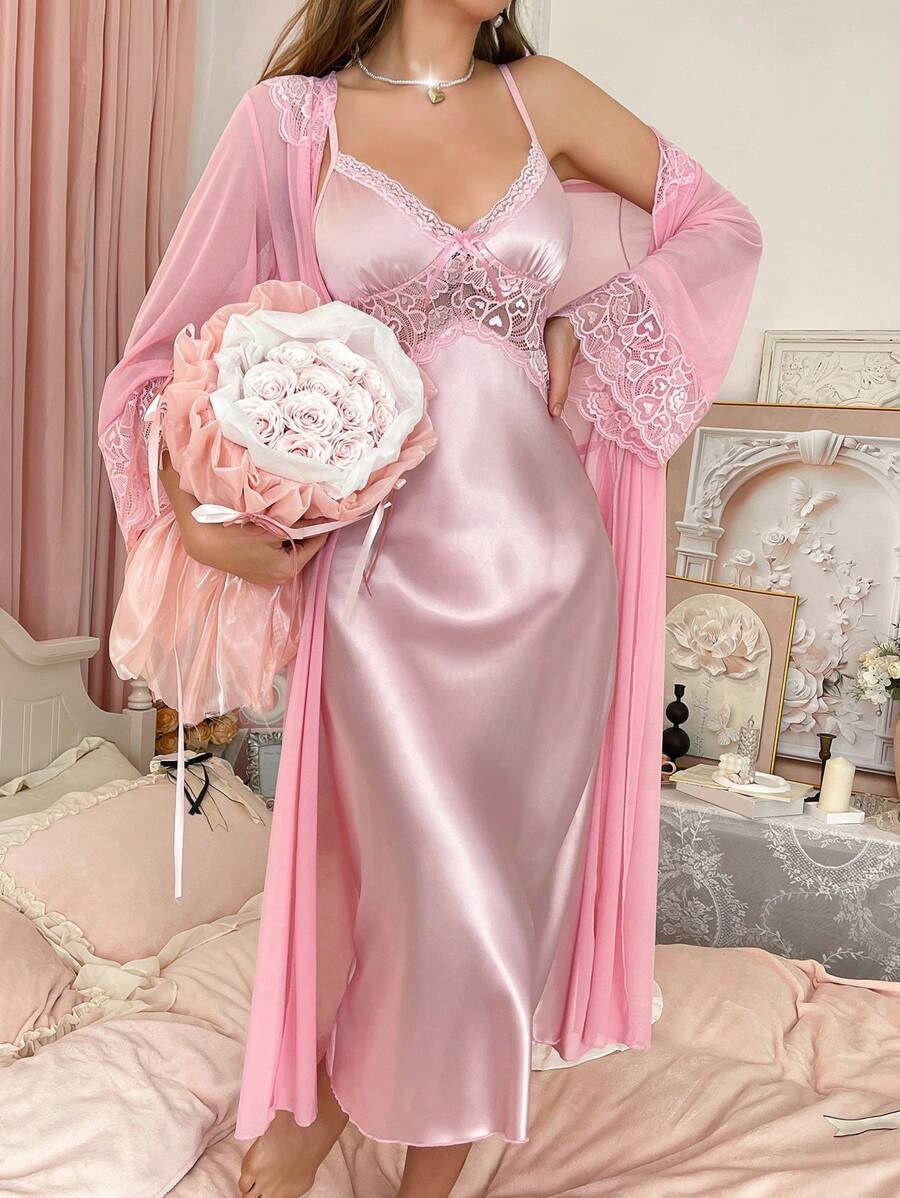 Côtesoire Elegant Satin Lace Long Robe & Dress Sleepwear Set For Women - Pink - View 1