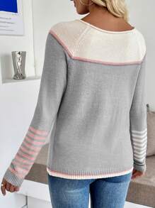 SHEIN LUNE Design Loose Fit Colorblock Crew Neck Pullover Sweater, Popular Knit Pullover Fall Winter
