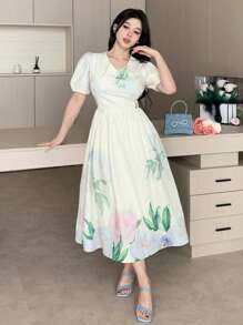 DAZY 1 pieza Vestido suelto de manga abullonada con escote en V y estampado floral para mujer - Albaricoque - Ver 10