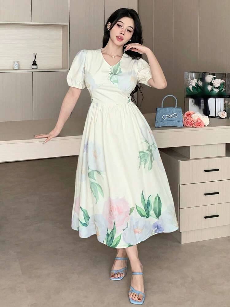 1pc Women V-Neck Floral Print Puff Sleeve Mid-Long Dress Sundress