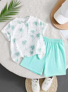 2pcs Kids Young Boy A Casual, Comfortable, Fashionable, Simple, Practical And Versatile Coconut Tree Printed T-Shirt And Breathable Comfortable Shorts Set Suitable For Spring And Summer, Suitable For Daily Use, Suitable For Vacation, Beach, School, Suitable For Travel, Suitable For Sports, Suitable For Spring And Summer Seasons
