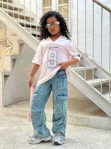 SHEIN Leap Crew Top de manga corta oversize de cuello redondo, de unicolor y con aplicaciones de malla para niñas preadolescentes - Rosa Pálido - Ver 6